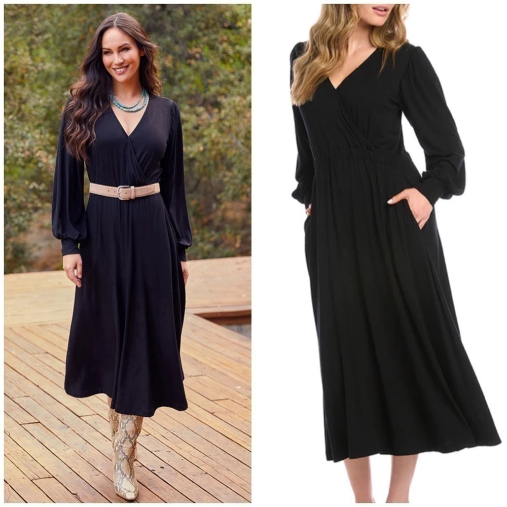 New Karen Kane Long Sleeve Artisan Dress Black Stretch Jersey Midi Sz XS